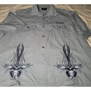 Dragonfly Roadhouse 3XL Biker Embroidered Skull Wings Motorcycle Button Up Gray